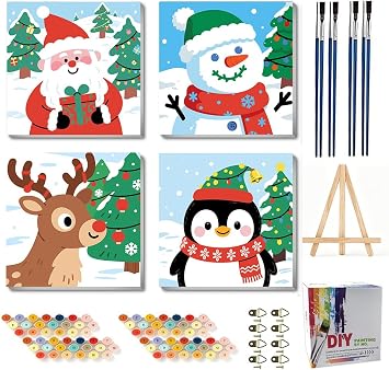 4 Pack Christmas Paint by Numbers Kit for Kidswith Frame - Paint by Number Kids with Wooden Easel, Easy Acrylic Watercolor Canvas Oil Painting Kits Kid Age 5-8-10-12-13 for Home Decor Gift8x8in