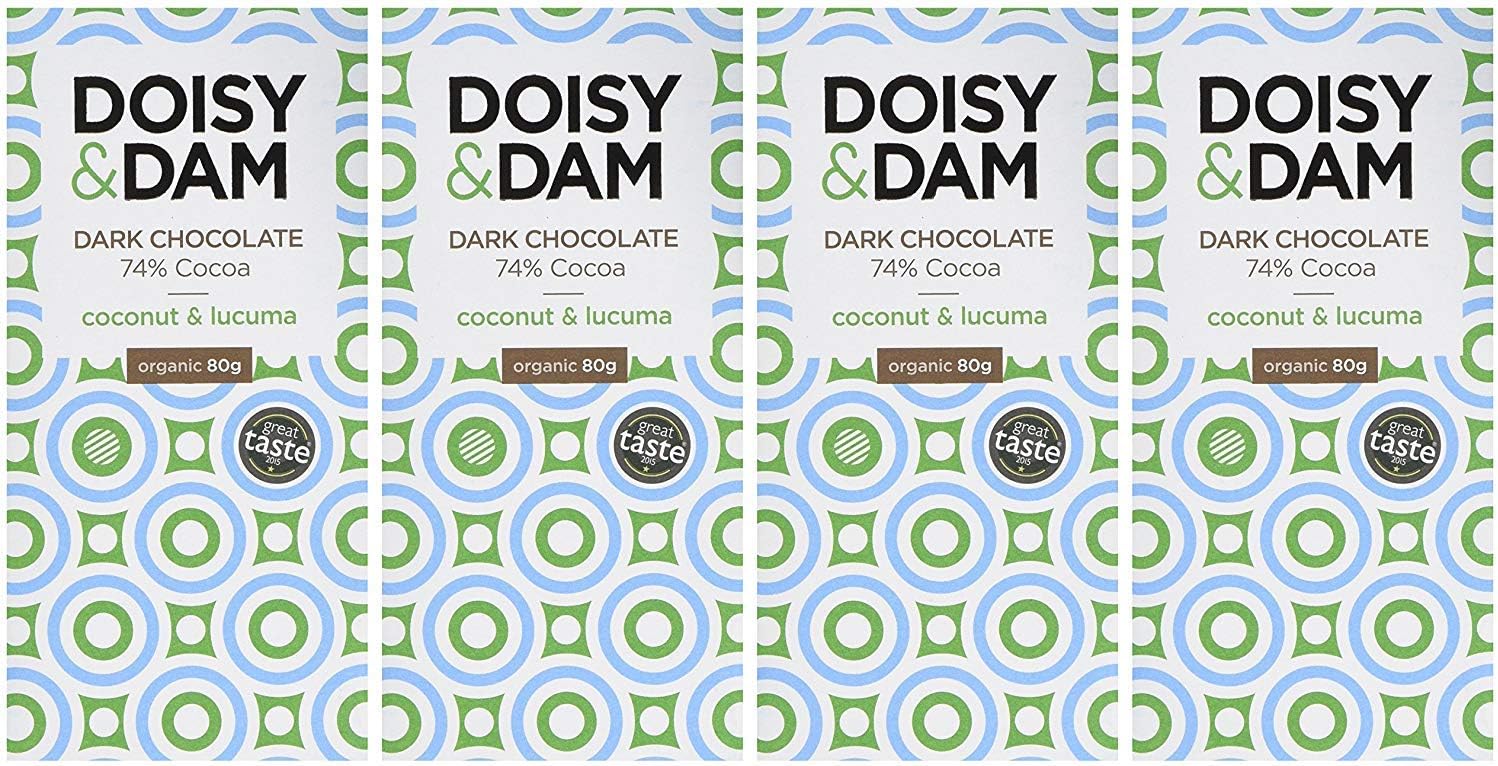 Doisy & Dam 74 Percent Coconut and Lucuma Dark Chocolate, 80 g, Pack of 4