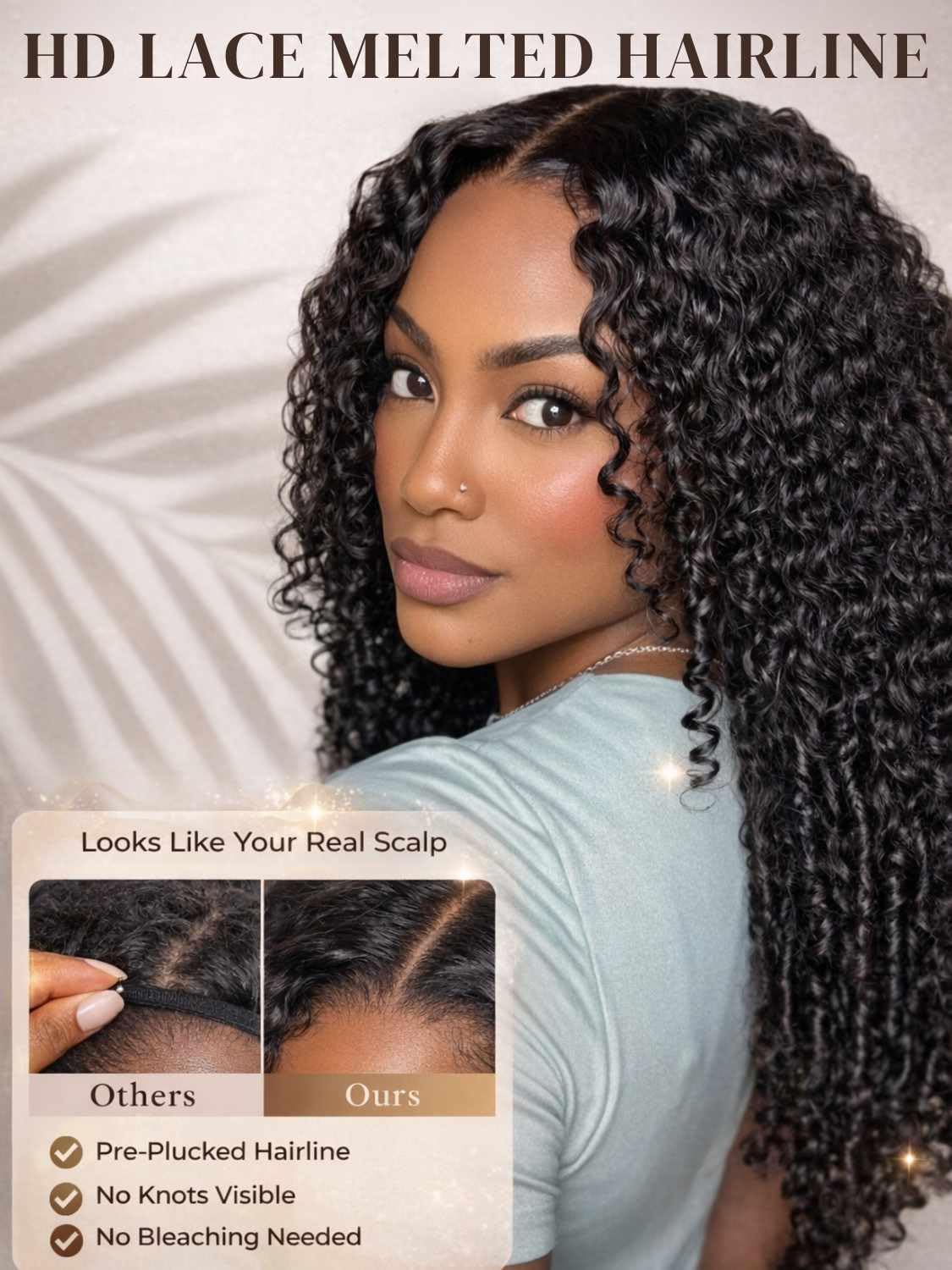 Beauty Forever Burmese Curly Glueless Wig Human Hair with Finger Coil Ends 7x5 HD Lace Frontal Wigs Bye Bye Knots Pre-cut Pre-plucked Natural Black No Slip Elastic Drawstring Secure Fit Wear Go 16inch