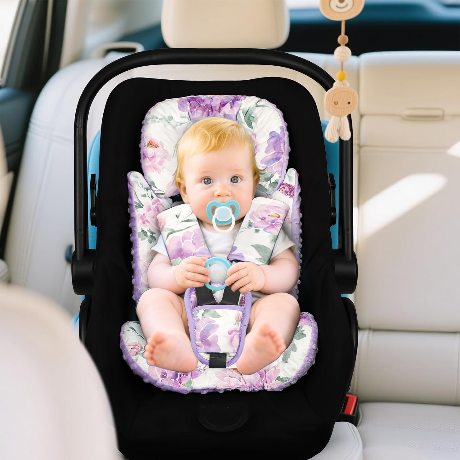 Infant Car Seat Insert, Soft Baby Car Seat Head & Body Support for Girl Boy, Reversible Newborn Preemie Carseat Insert Cushion with 3 Straps Pads Fits CarSeat, Stroller, Swing, Bouncer, Purple Floral
