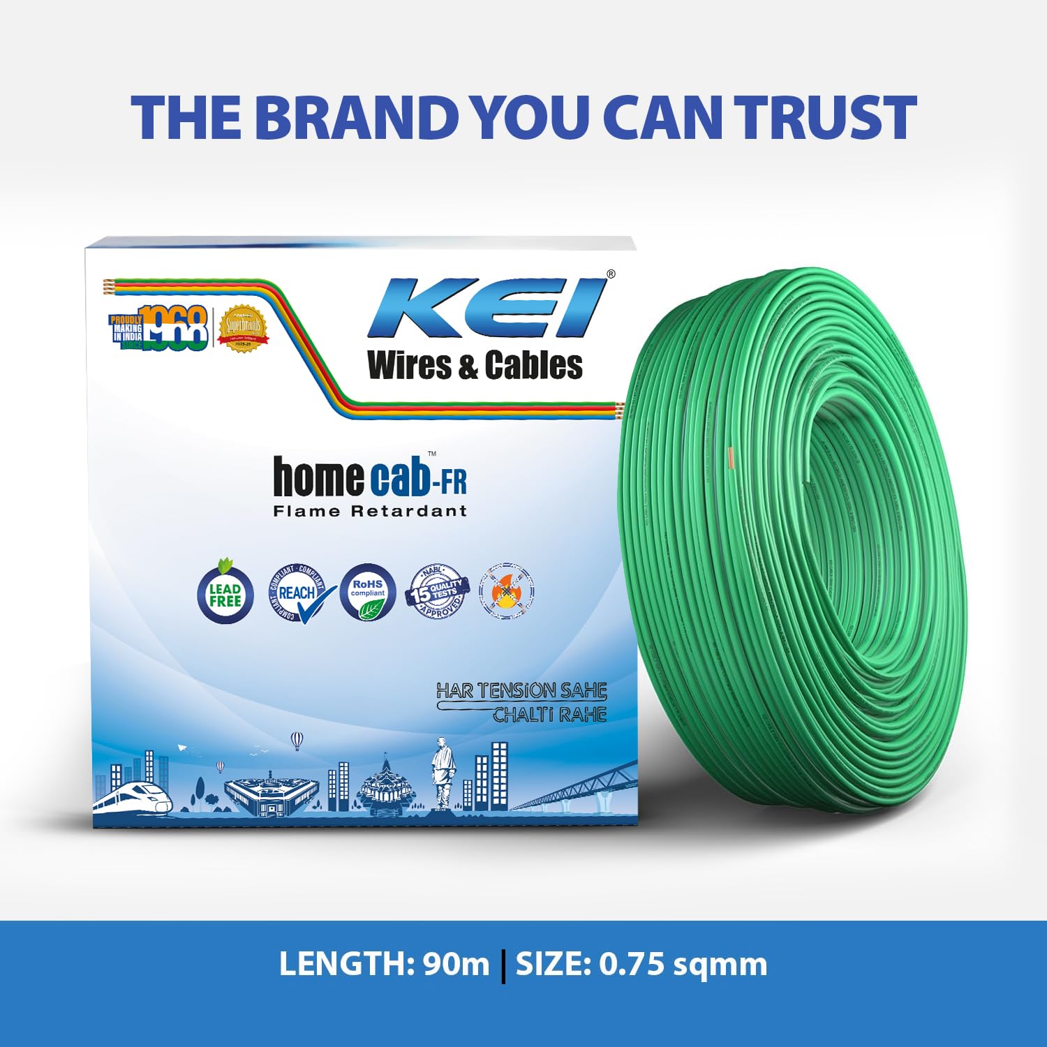 KEI WIRES & CABLES Homecab 1 sqmm 1 Core 99.97% Pure Copper Conductor Flame Retardant House Wire PVC Insulated Cable for Domestic & Industrial Electrical Wiring (Green, 90 Meters) 4