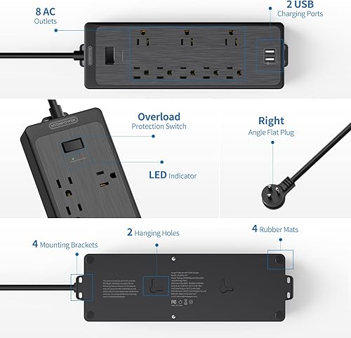 Miniatura 7 de Cable de extensión de 10 pies de largo, protector de sobretensiones NTONPOWER con 8 salidas (3 ampliamente espaciados) y 2 puertos USB, 1875 W15 A,