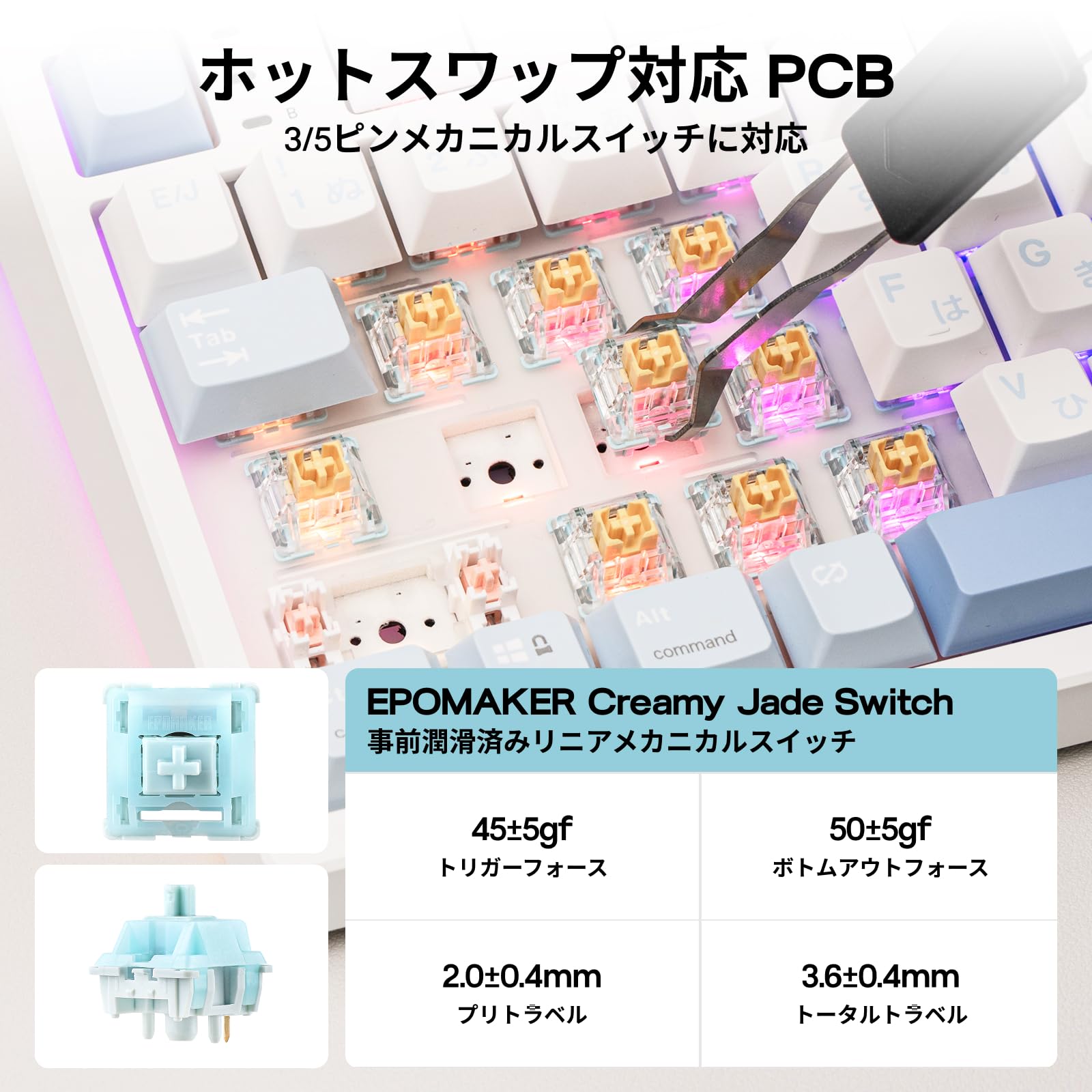 EPOMAKER TH87 JIS 日本語配列 TKL ワイヤレスゲーミングキーボード 2.4GHz/BT5.0/有線 テンキーレス ホットスワップ対応 10000mAh 無線 メカニカルキーボード 91キーリニアスイッチ RGBバックライト ガスケット構造 PBTキーキャップ Windows mac対応 (Blue&White, Creamy Jade) - 4