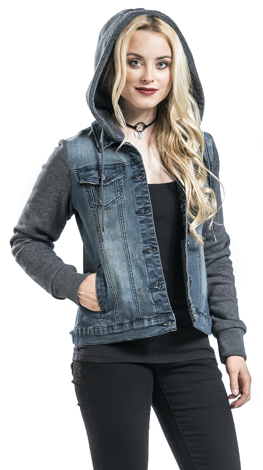 RED by EMP Damen blau-graue Jeansjacke mit abnehmbarer Kapuze