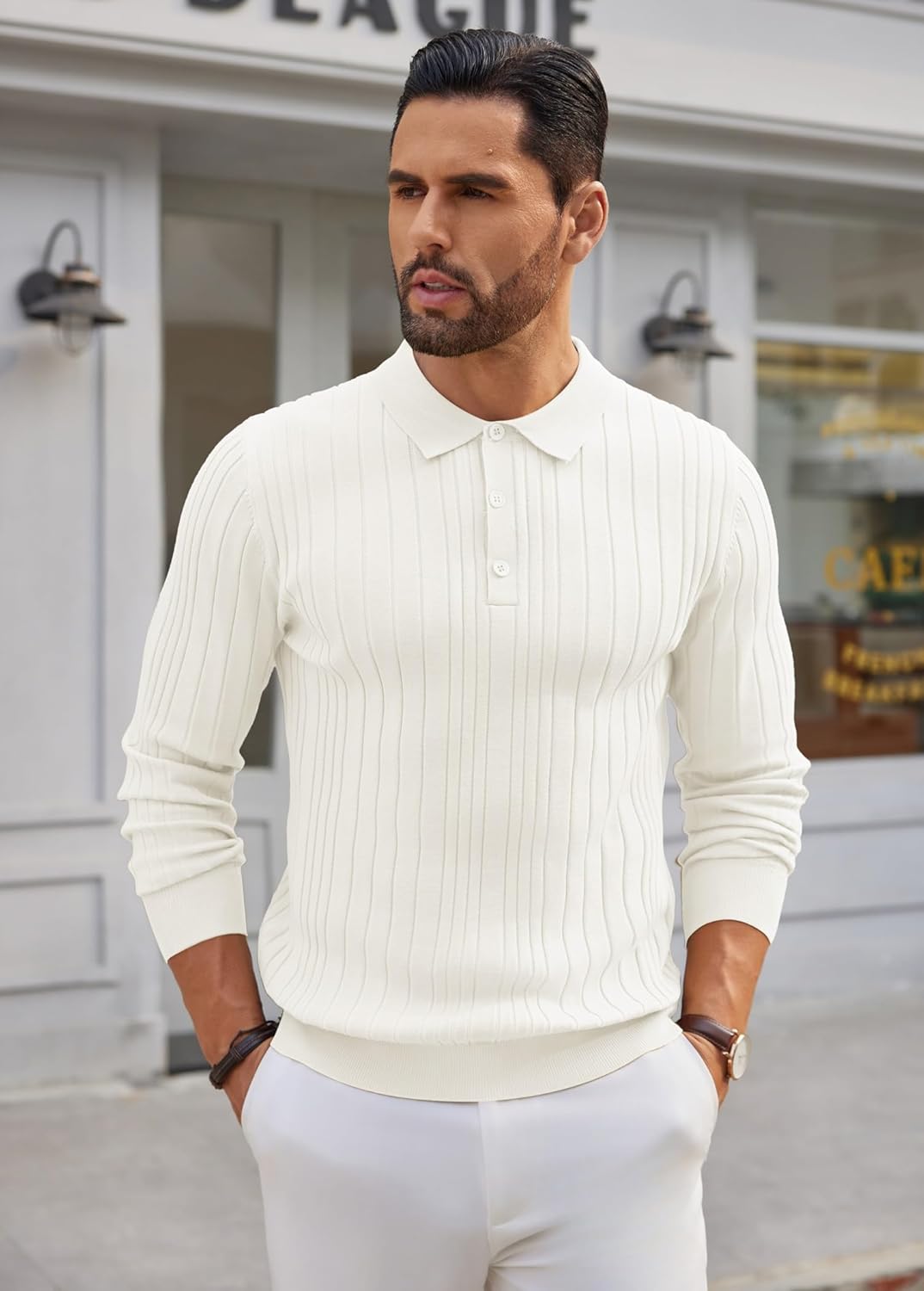 COOFANDY Men's Knit Polo Shirts Long Sleeve Casual Button Down Ribbed Polo Shirt Fashion Golf Shirts - Image 2