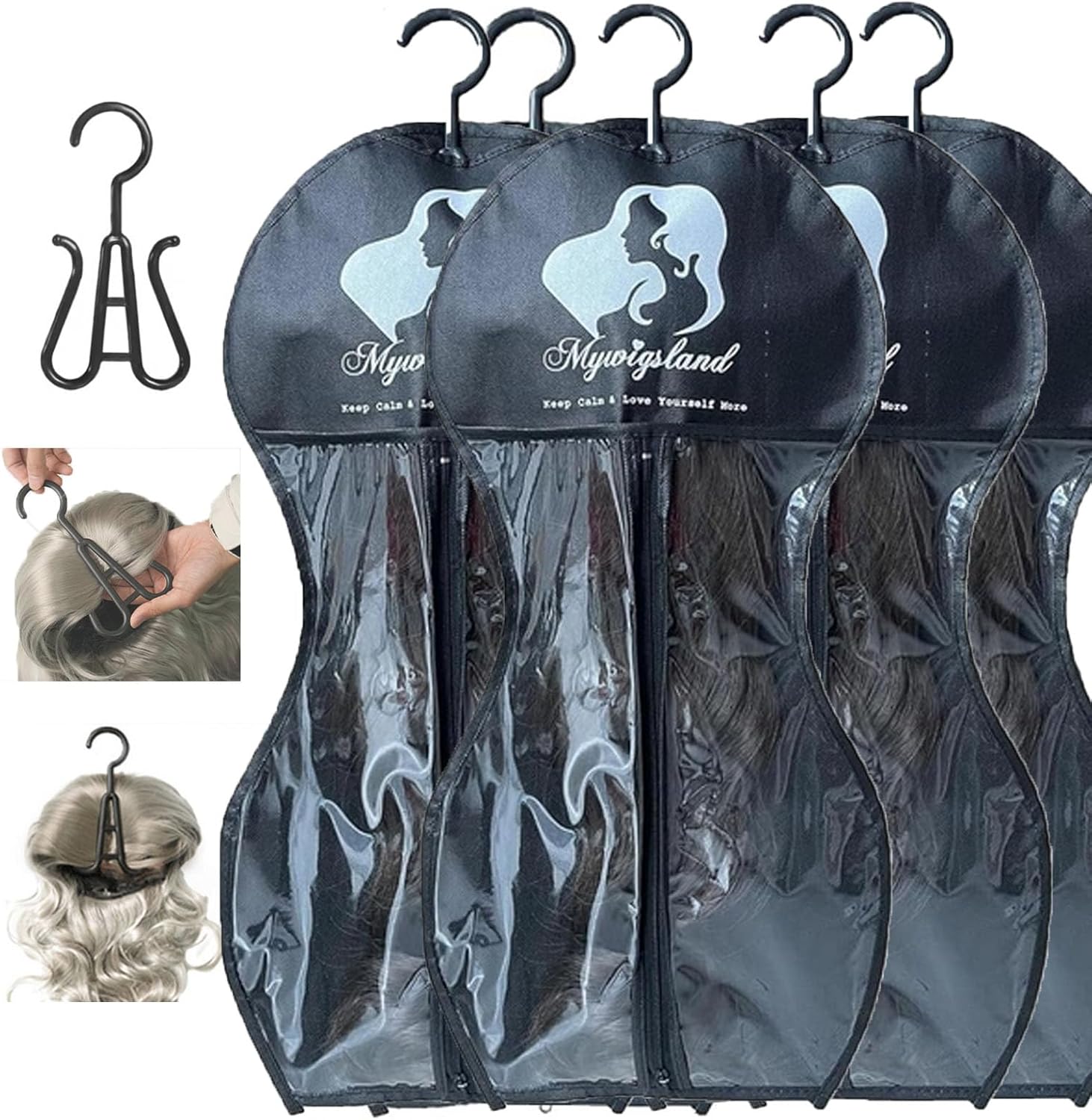 Wig Storage Bag with Hanger, 5-Pack Hourglass-Shaped Dust-Proof Organizer with Clear Window - for Long Synthetic & Human Hair Wigs, Travel & Home Closet Storage Solution (4 Colors) (Black)