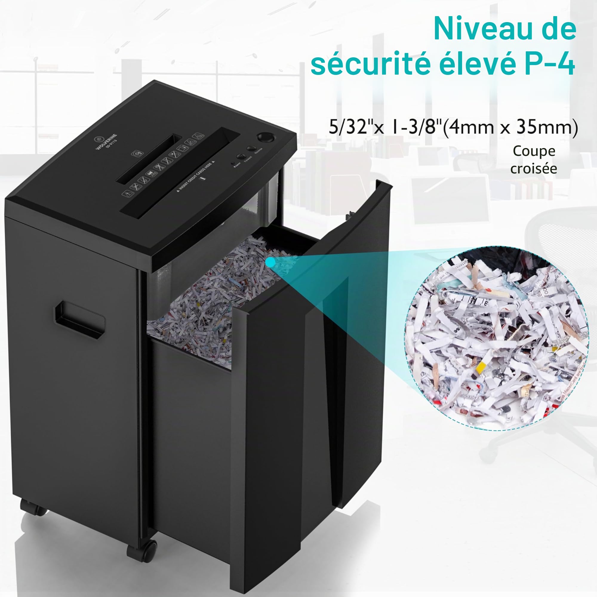 Wolverine SD9113 Destructeur de Documents P4 18 Feuilles 60 Minutes Coupe Croisée Papier Lourd CD Noir