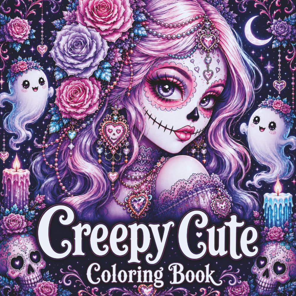 Creepy Cute Coloring Book: 50+ Eerie Cute Sugar Skull Girls, Pastel Goth Fashion, Ghosts, Pumpkins, Bats and Haunted Castles for Adults and Teens