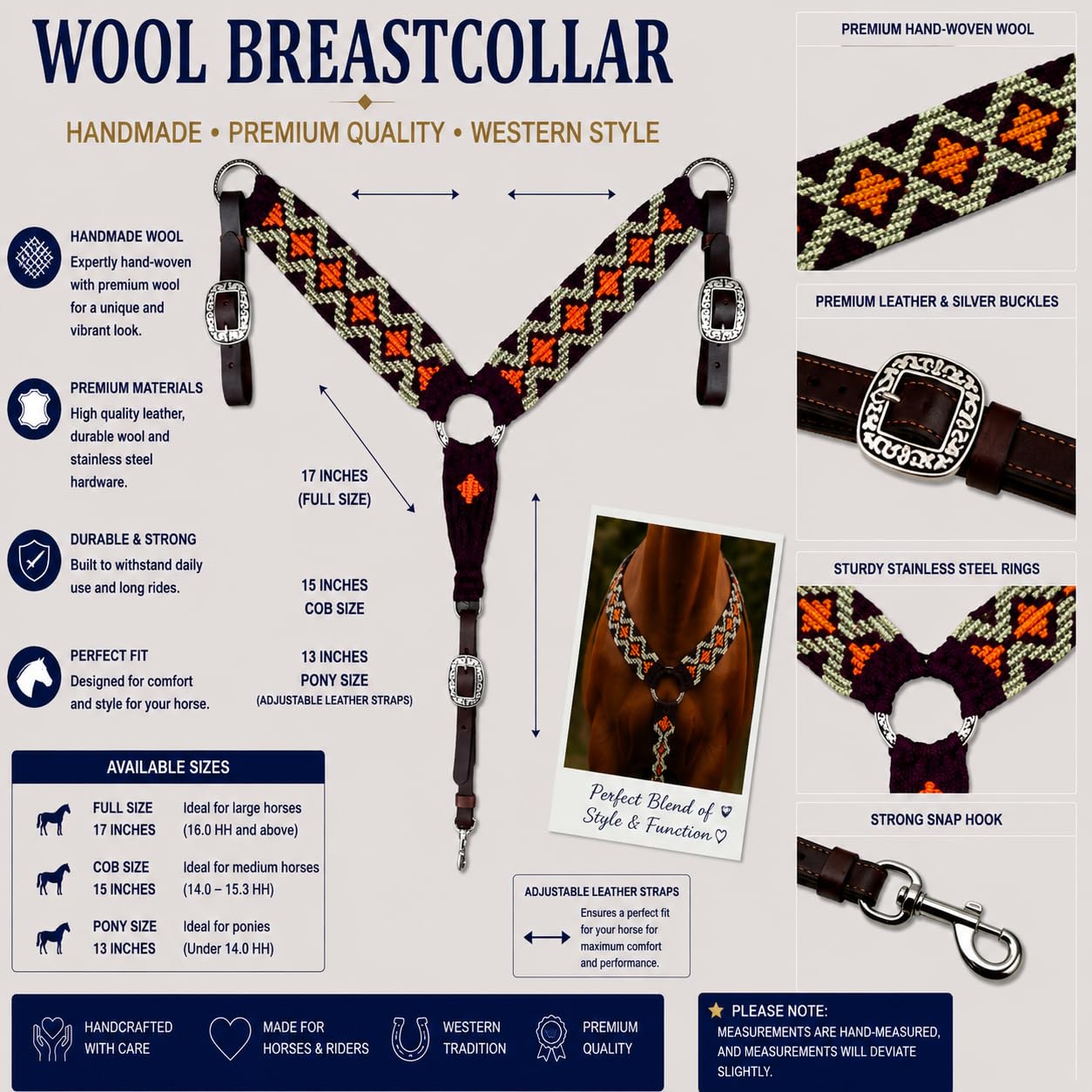 Cheval's - Collar de pecho de mohair occidental hecho a mano para caballos, collares de pecho ecuestre de caballo (MB-31 Cob)