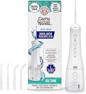 GuruNanda Water Dental Flosser 2.0 XL – 380ML Large Tank, 4 Flossing Modes, Cordless & Portable with Smart Timer for Deep Cleaning & Happy Gums - White