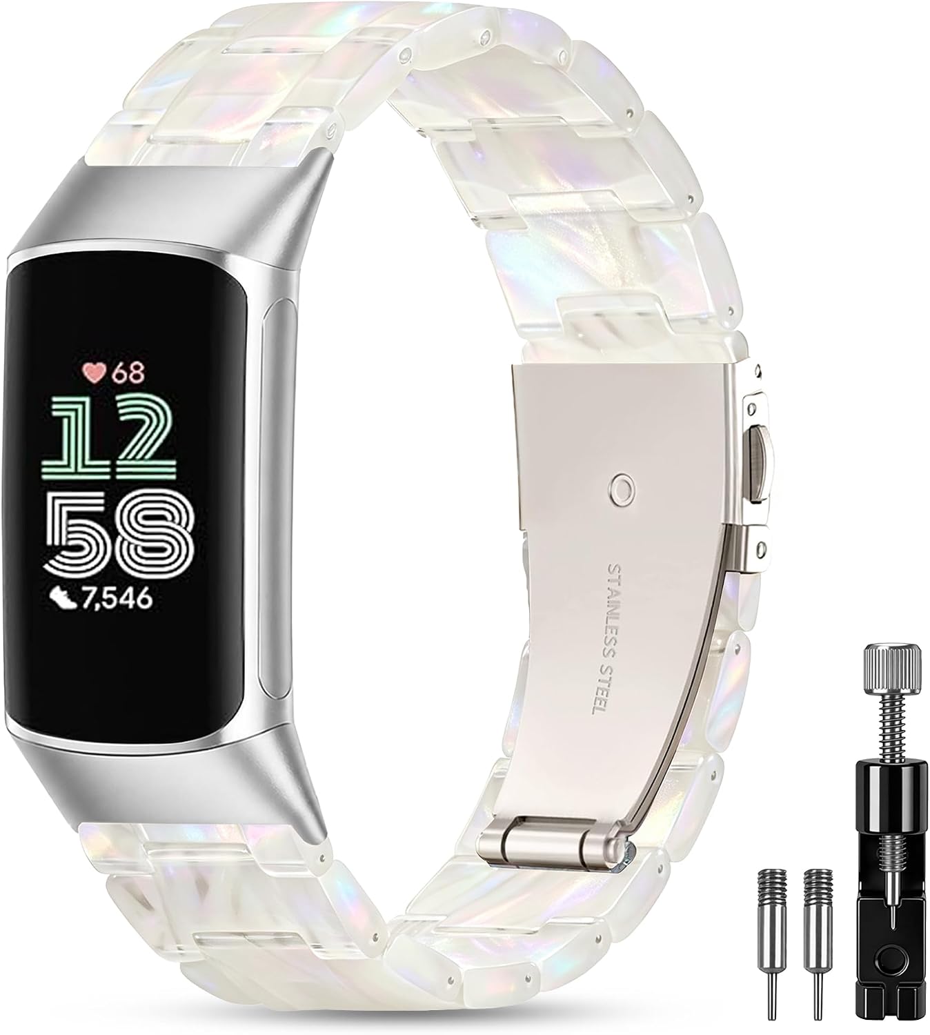 Sunnyson Resin Band Compatible with Fitbit Charge 6/ Fitbit Charge 5, Waterproof & Lightweight Wristband Strap Blacelet with Stainless Steel Buckle, Fashion Strap for Fitness Tracker Women