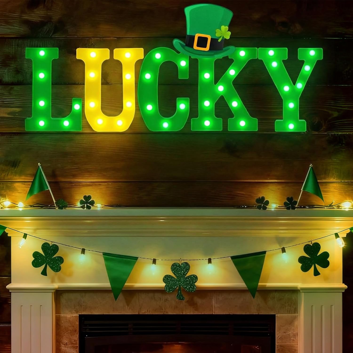 St Patrick's Day Decorations Plastic LED St. Patrick's Day Lucky Sign Marquee Light up Letters Lucky Table Decoration Centerpiece with Leprechaun Hat Card Decor for Home Mantle Irish Party Desk Office