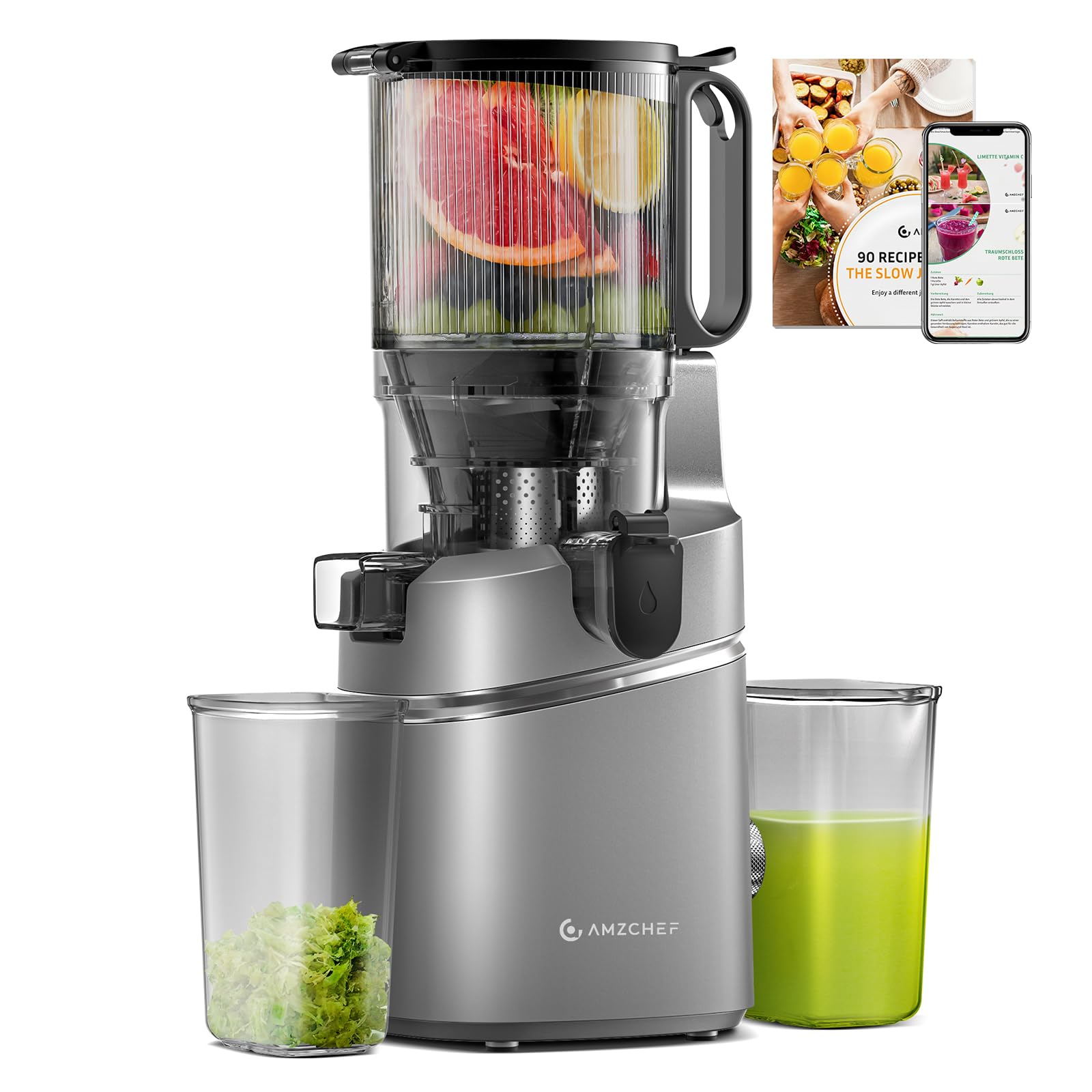 AMZCHEF Automatic Cold Press Juicer Machines 250W Free Your Hands -145MM Opening and 2L Capacity Slow Juicers for Whole Fruit and Vegetable, with Triple Filter, Safety Lock, Classic Grey