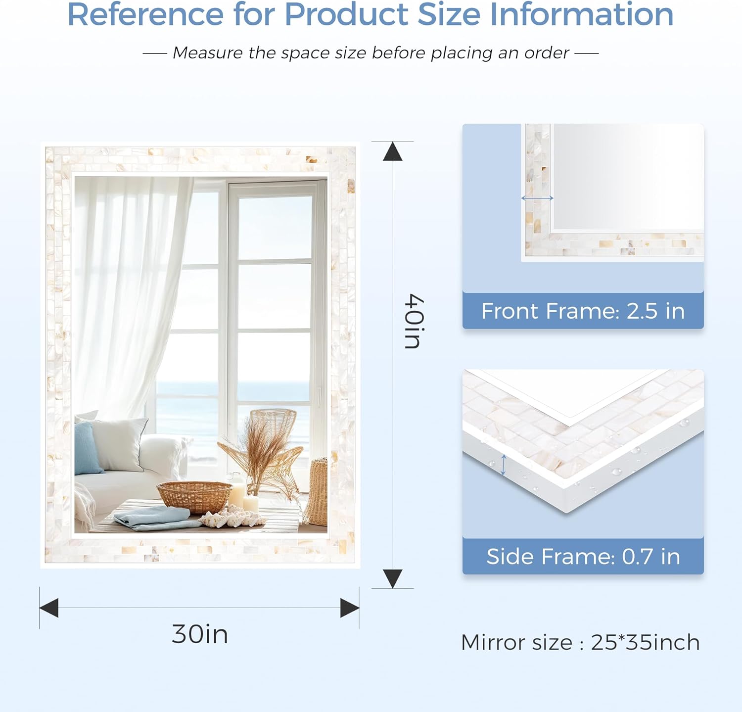 Tanmicoshomy 30 x 40 Inch White Bathroom Mirror, Coastal Natural Shell Framed Rectangle Mirrors for Bedroom, Living Room Wall Decor, Horizontal or Vertical Hanging