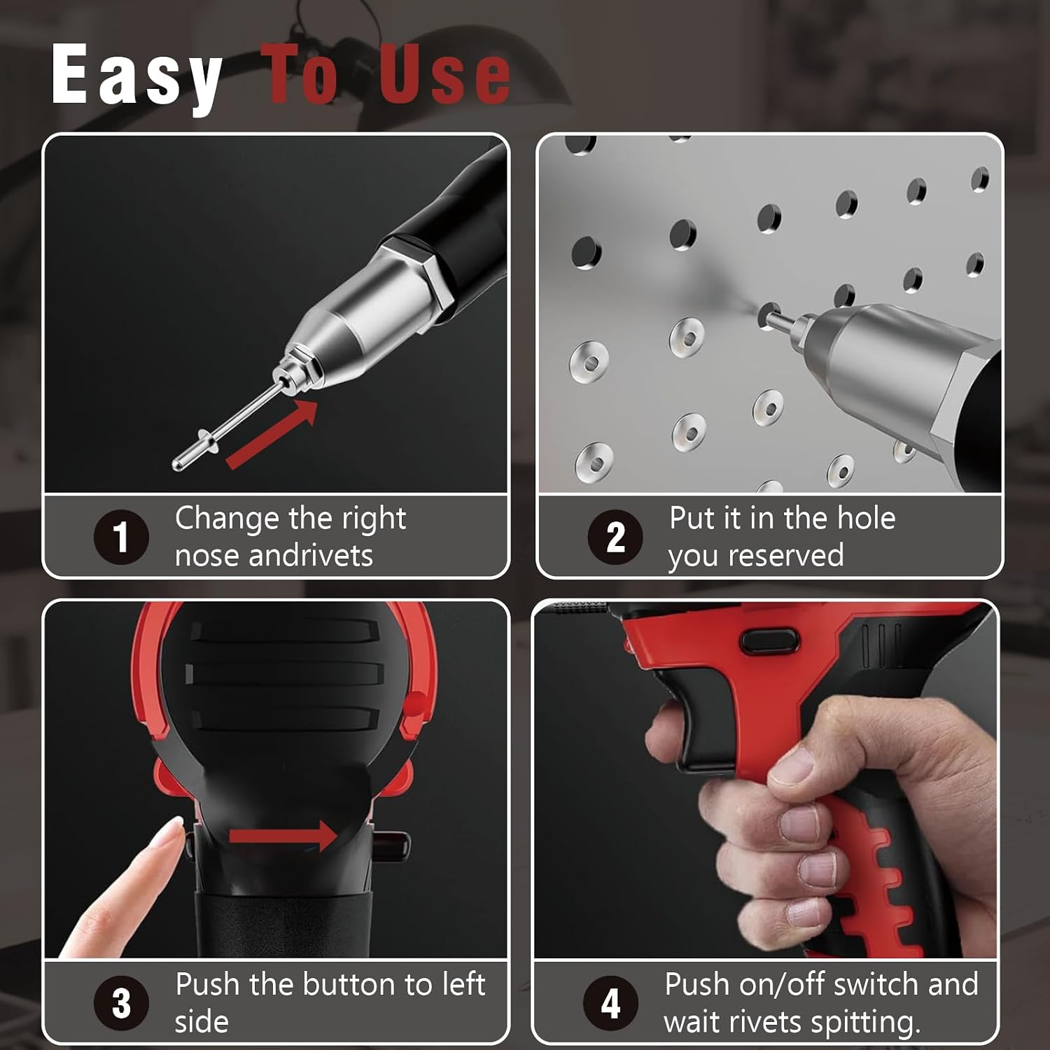 Upgraded Cordless Rivet Gun Compatible with Milwaukee 18V Battery,Electric Rivet Gun Tool with 3 Size (1/8", 5/32", 3/16") Aluminum Rivets,Brushless Motor Rivet Gun Kit with Led Light(No Battery)-Red
