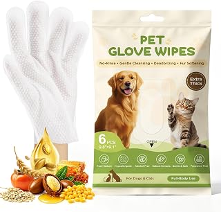 Pet Glove Wipes for Dogs & Cats, No-Rinse Cleaning & Grooming Wipes, 6 PCS | Extra Thick • Hypoallergenic Deodorizing Hydrating & Nourishing • Natural Extracts • Alcohol & Fragrance Free • Full-Body Use