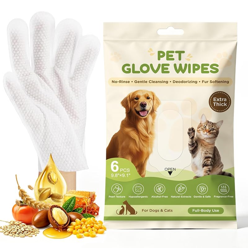 Lenços em Luva para Higiene de Cães e Gatos HORLLM PGW1, Limpeza sem Enxágue, Pacote com 6