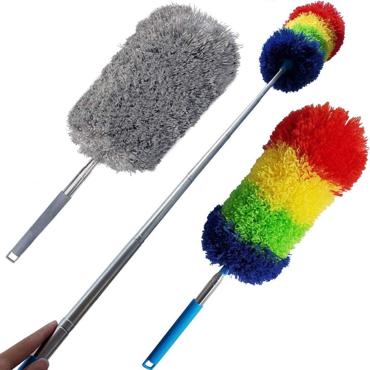 Tonmp 2 PCS Gray + Colorful Telescoping Microfiber Duster Extendable 18in to 48in - Flexible and Extendable Duster for Cleaning Ceiling Fan/Furniture/Keyboard/Cobweb