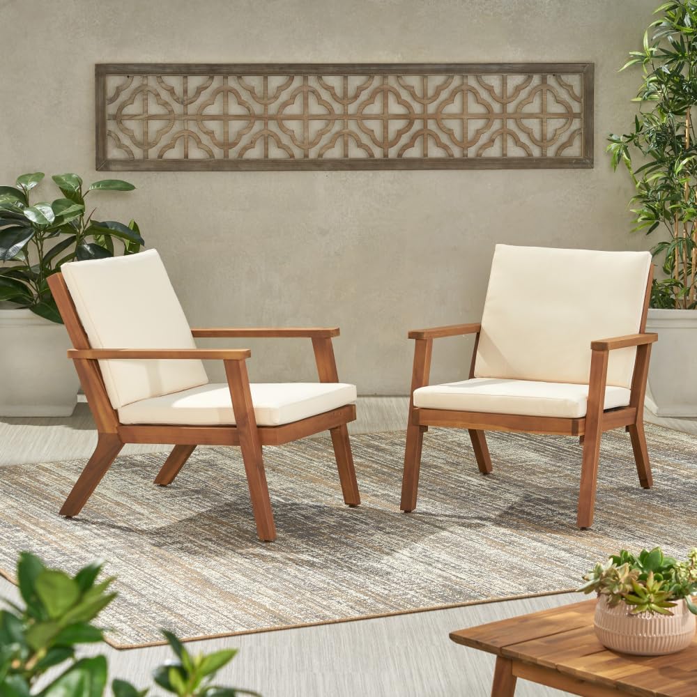 Saiveina Outdoor Acacia Wood Club Chairs with Cushions (Set of 2)