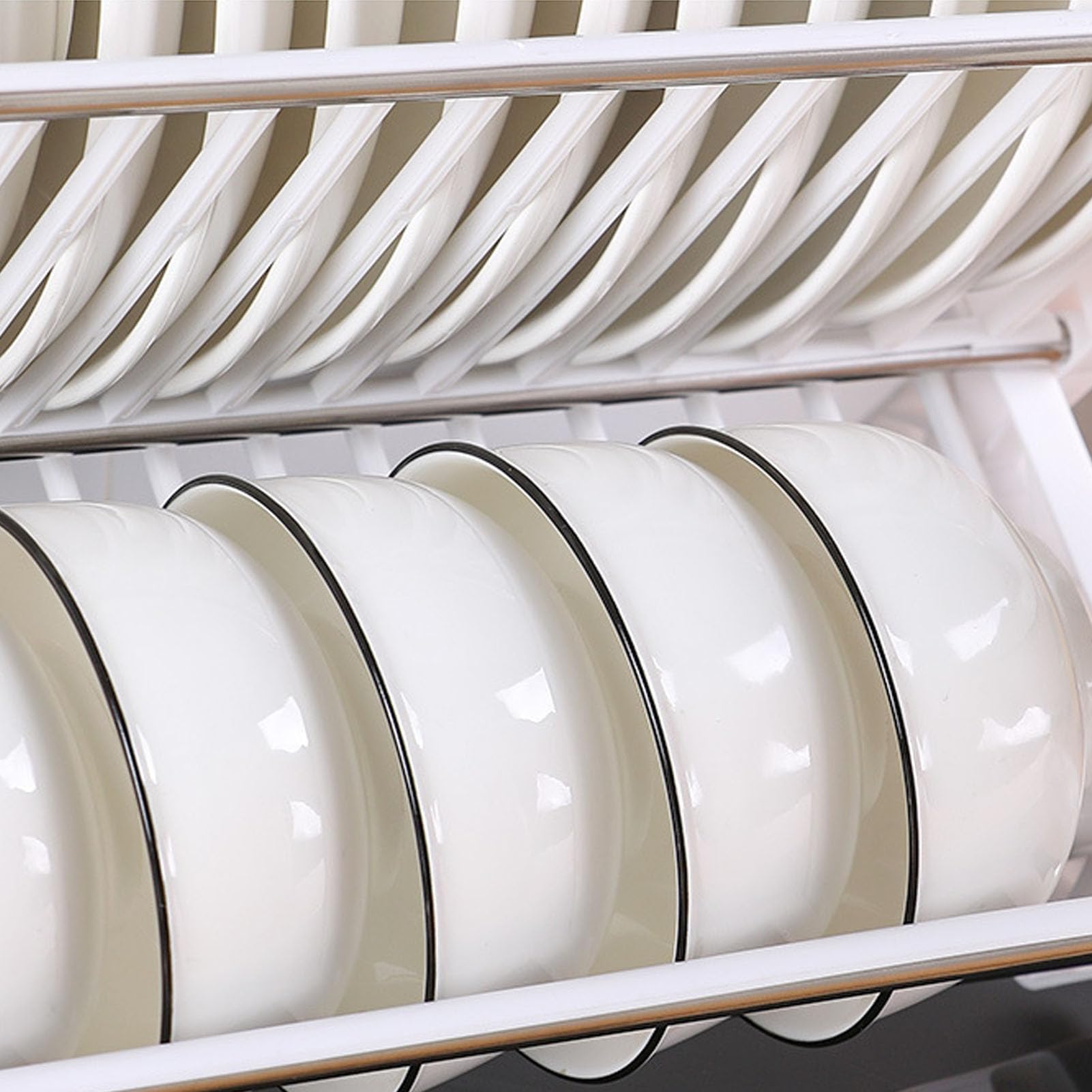Agatige Abtropfgestell mit Abtropfschale, faltbar, 2 Ebenen, Abtropfgestell, Tellerhalter für Küchenspüle, Arbeitsplatte, Besteck, Teller, Geschirr (White)