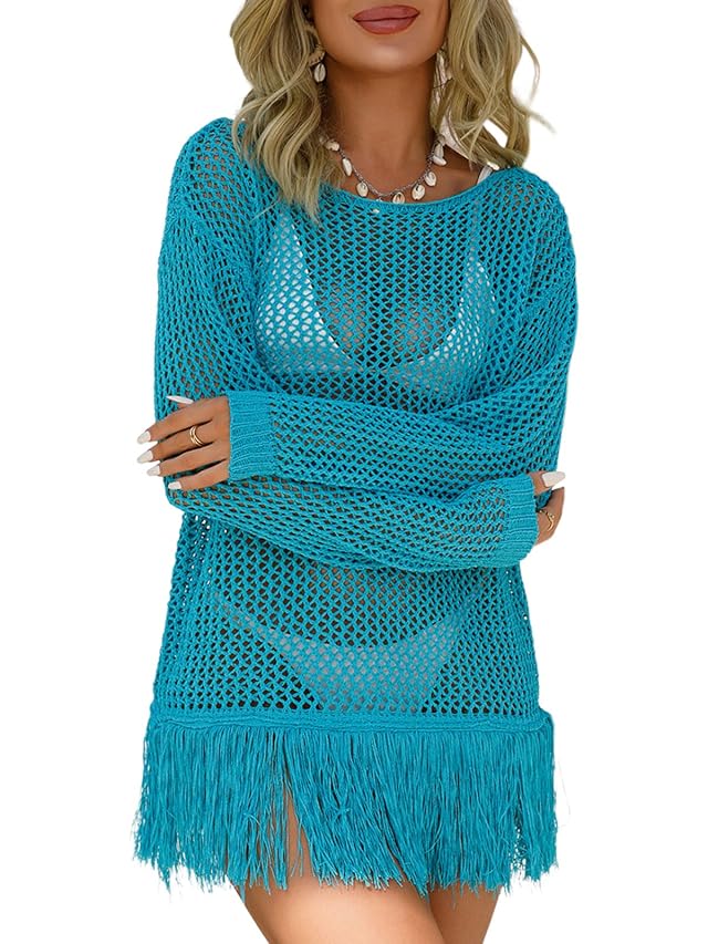 Womens Swimwear Cover Ups Summer Long Sleeve Crewneck Hollow Crochet Tassel Bikini Beach Vacation Outfits