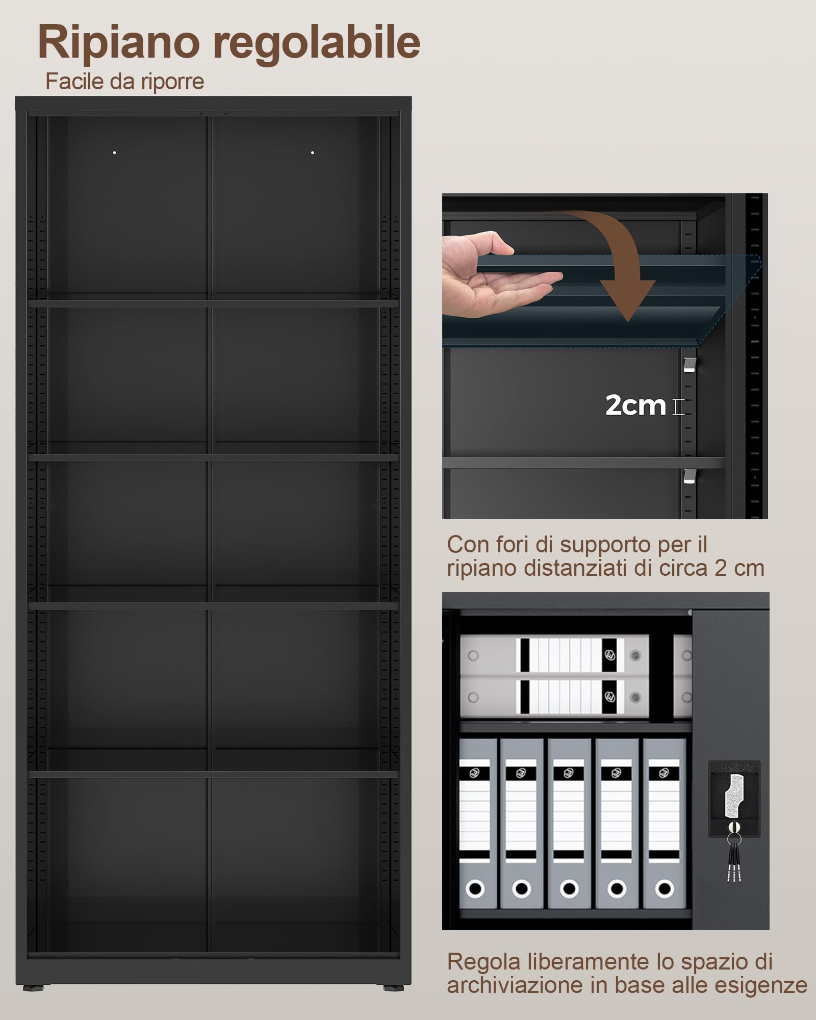 LAND·VOI Armadio in Acciaio 5 Ripiani con Serratura Ripiani Regolabili Ante a Doppia Porta Armadio per Ufficio Mobile in Metallo per Ufficio Garage Cucina Officina 80×40×181.5 cm Nero