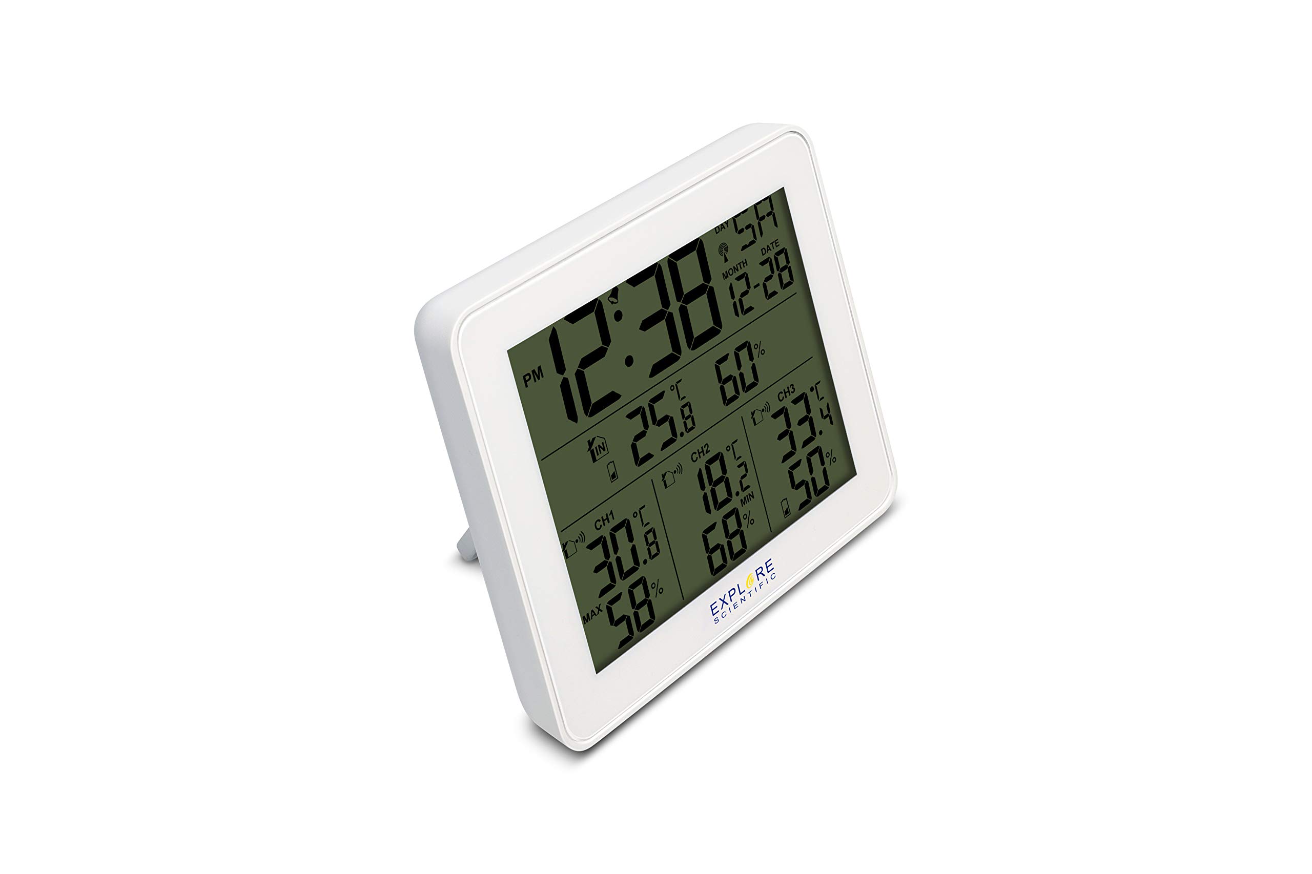 Explore Scientific WSH4003 Stazione Meteo Radio-Controllata con Allarme, Display retroilluminato blu con temperatura/umidità int/ext, Memorizza storico dati, 3 sensori inclusi, Bianco