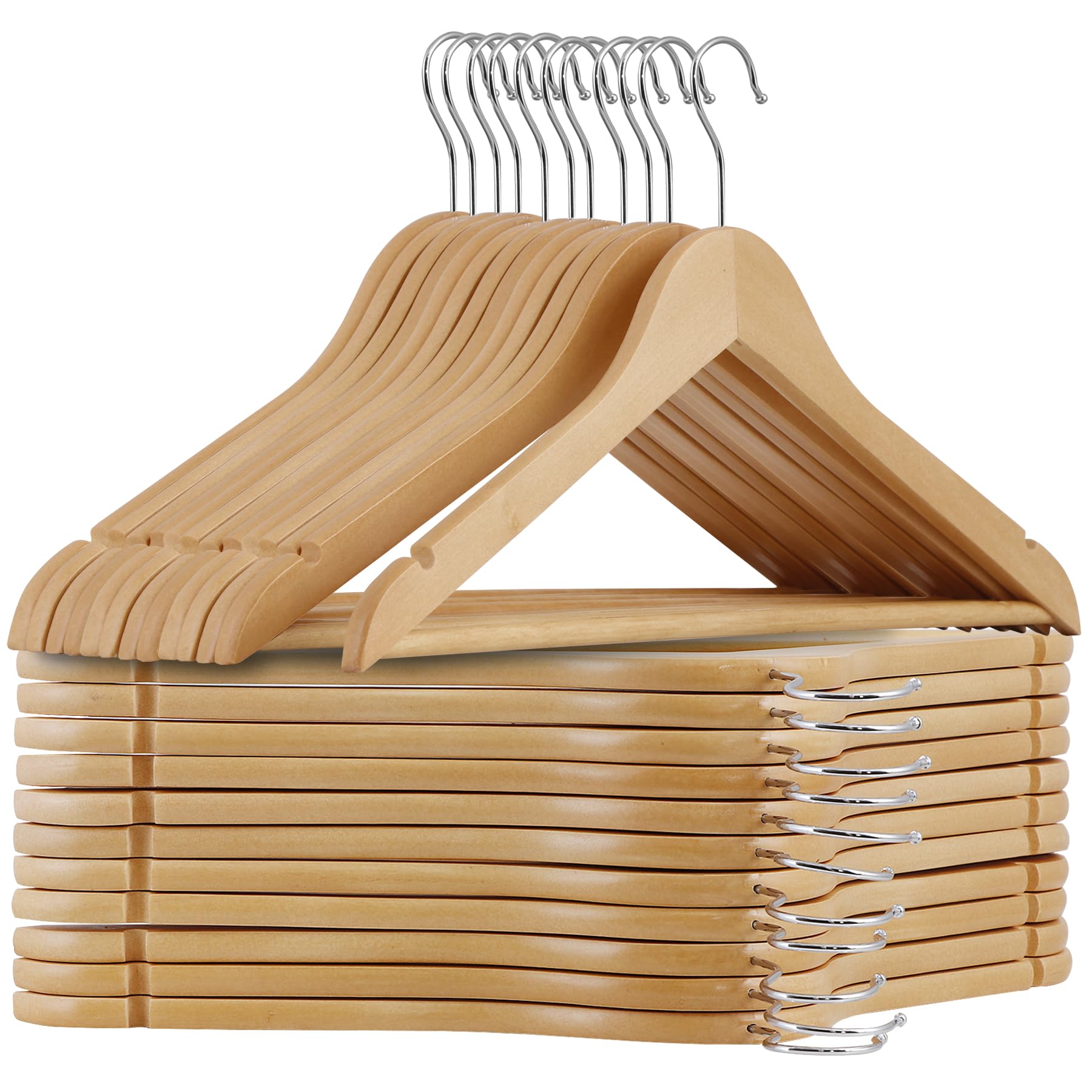 JupiterForce Wooden Hangers 50 Pack, Non-Slip Coat Hangers with 360 Degree Swivel Hook & Shoulder Grooves, Wood Suit Hangers, Clothes Hangers for Coats, Shirts, Pants, Jackets, Dress (Natural)