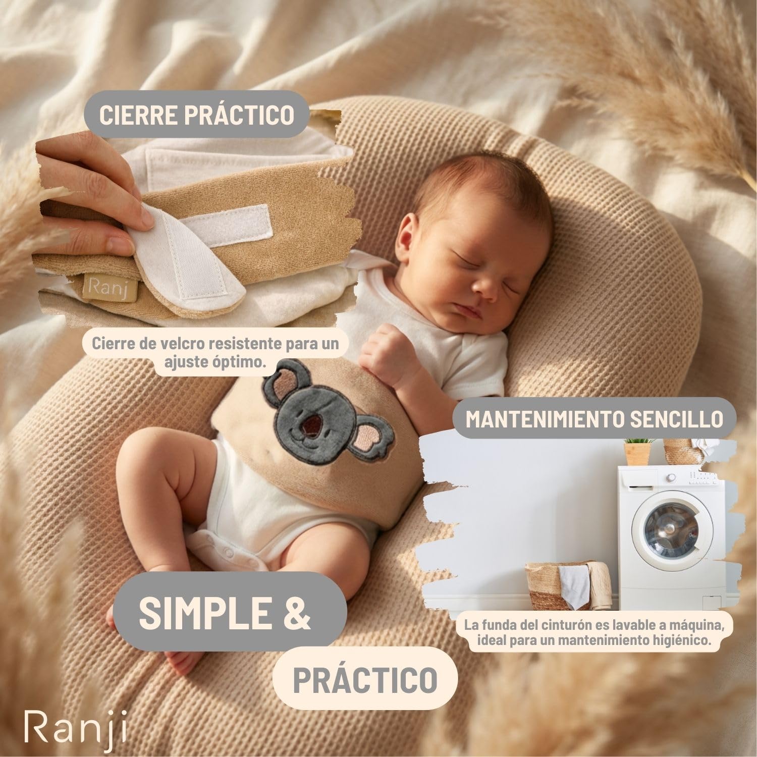 RANJI - Cinturón Anticólicos Bebé con Huesos de Cereza – Saquito de Semillas para Cólicos Bebé Recién Nacido, Algodón Orgánico GOTS & Certificación OEKO-TEX, Apto Microondas (Koala) — view 6