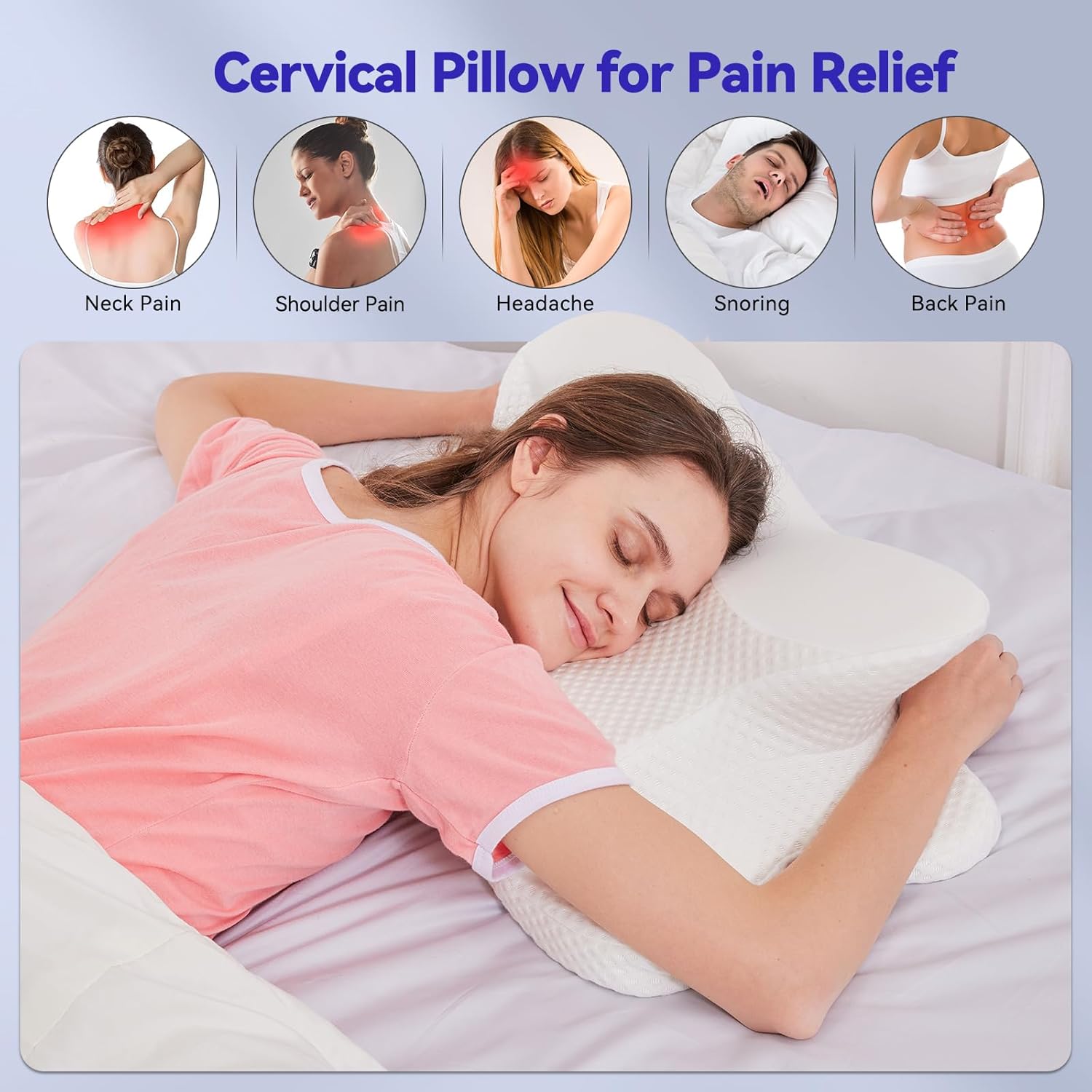 Deason Cervical Neck Pillow for Sleeping, Ergonomic Memory Foam Pillow for Neck Pain Relief, Adjustable Height Bed Pillow for Side & Back Sleepers, Ice Silk Breathable Cover, White - Image 4