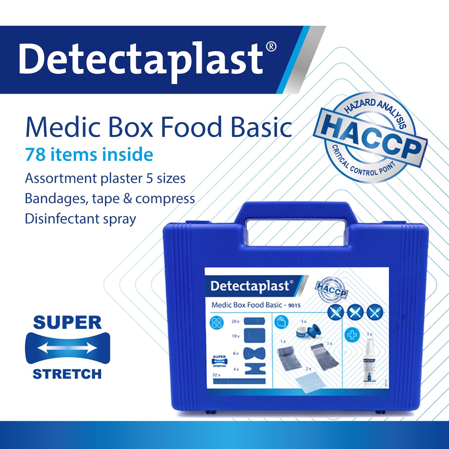 Trousse de premiers secours Detectaplast pour la restauration, pour le traitement des plaies, trousse portable en mallette avec plâtre, pansements, bandage, ruban adhésif, 76 pcs