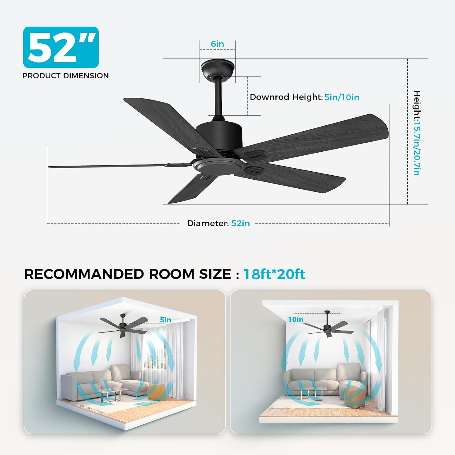 Obabala 52 Inch Ceiling Fan No Light, Modern Black Ceiling Fan Without Light with Remote & APP, Quiet Reversible DC Motor, 6-Speeds, for Living Room, Bedroom, Patio Grey