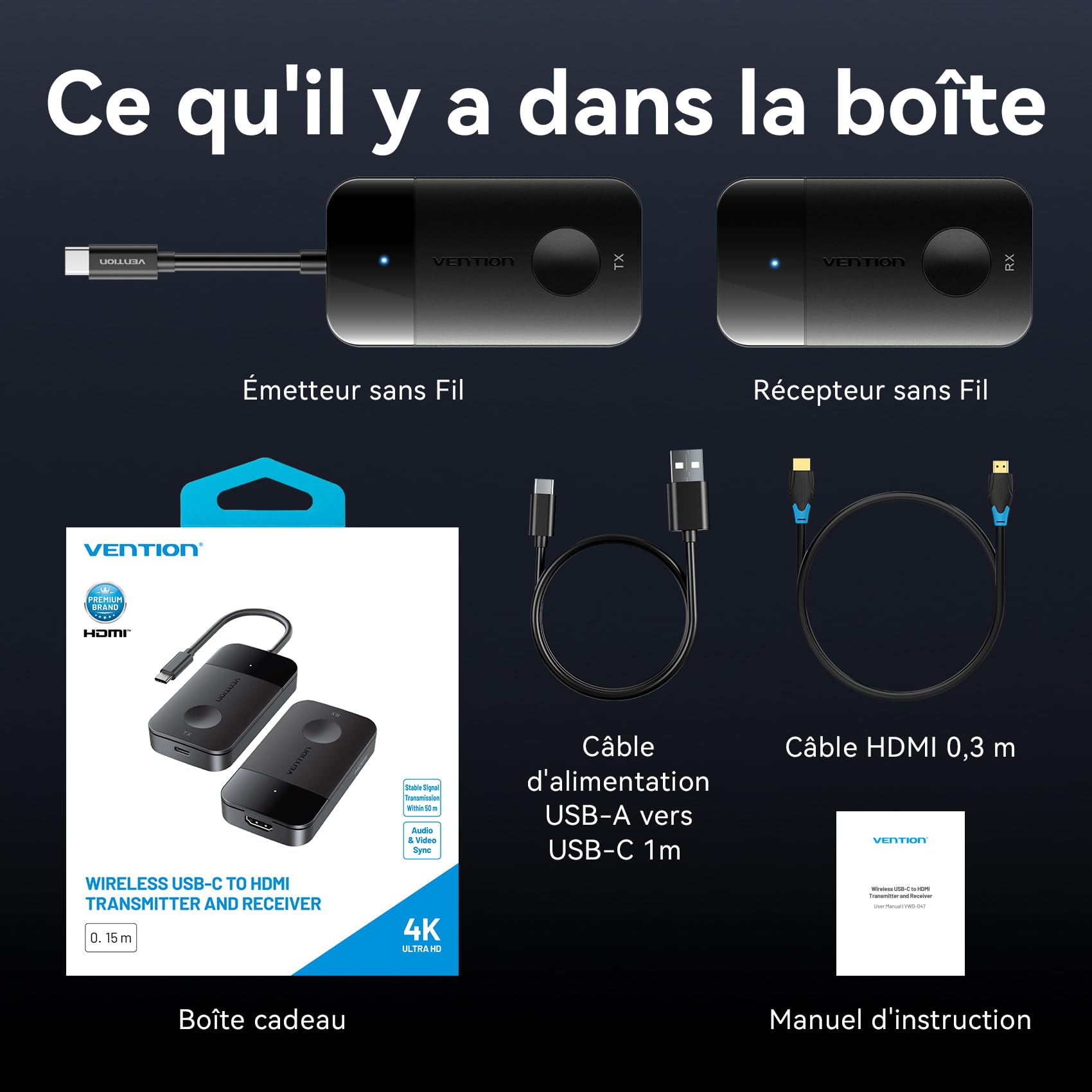 VENTION HDMI sans Fil 4K 50m, Transmetteur HDMI sans Fil 5G 165FT, Émetteur Récepteur Transmission Charge Rapide USB-C 60W Compatible PC Portable, Ordinateur, TV, Projecteur, Moniteur, Tablette