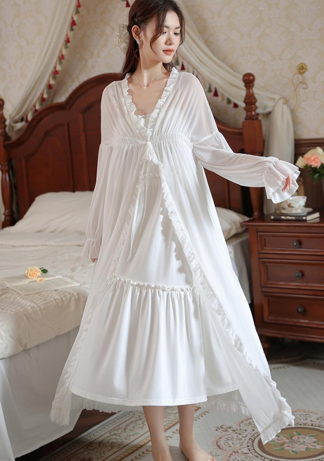 Victorian Nightgown Robe Set for Womens 2 Piece Cotton Built-in Bra Slip Dress Lace Collar Bathrobe - Image 2