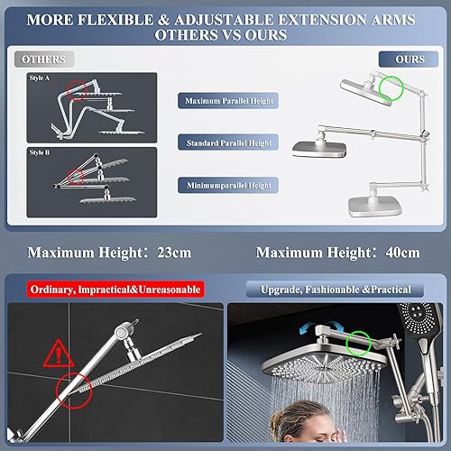 Miniatura 4 de Cabezal de ducha de lluvia con combo de rociador de mano, cabezales de ducha de lluvia de 12 pulgadas con brazo de extensión ajustable, cabezal de