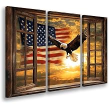 SWQYLB American Flag Bald Eagle Canvas Wall Art 3 Panel Patriotic Pictures Wall Decor Vintage Rustic Flag Painting Prints for Office Living Room Home Framed 8x16inchx3 Pieces