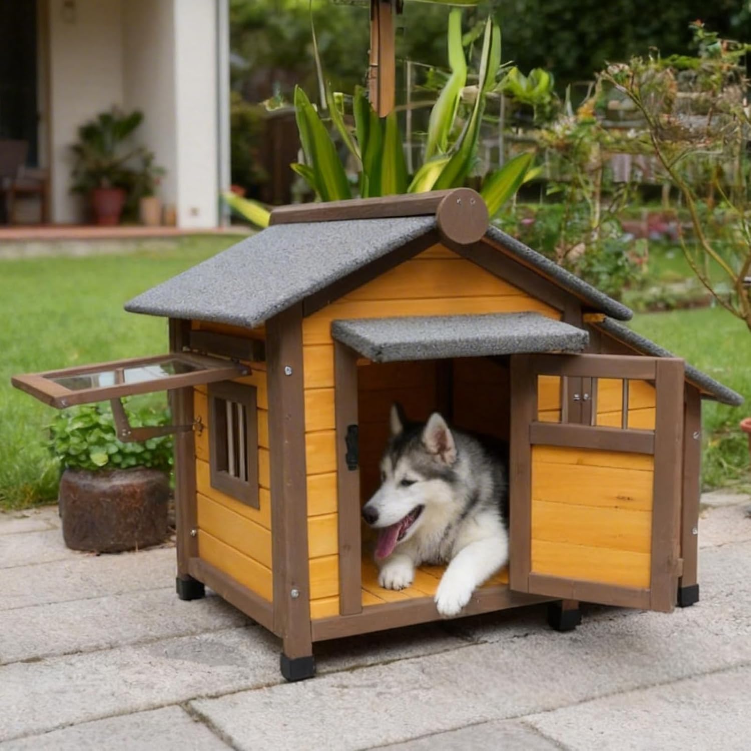 45” Outdoor Dog Houses with Door, Dog Houses Outdoor with Door Lock, Casa para Perros Grandes for Small to Large Dogs Indoor, Easy Assembly (Gray+Yellow)
