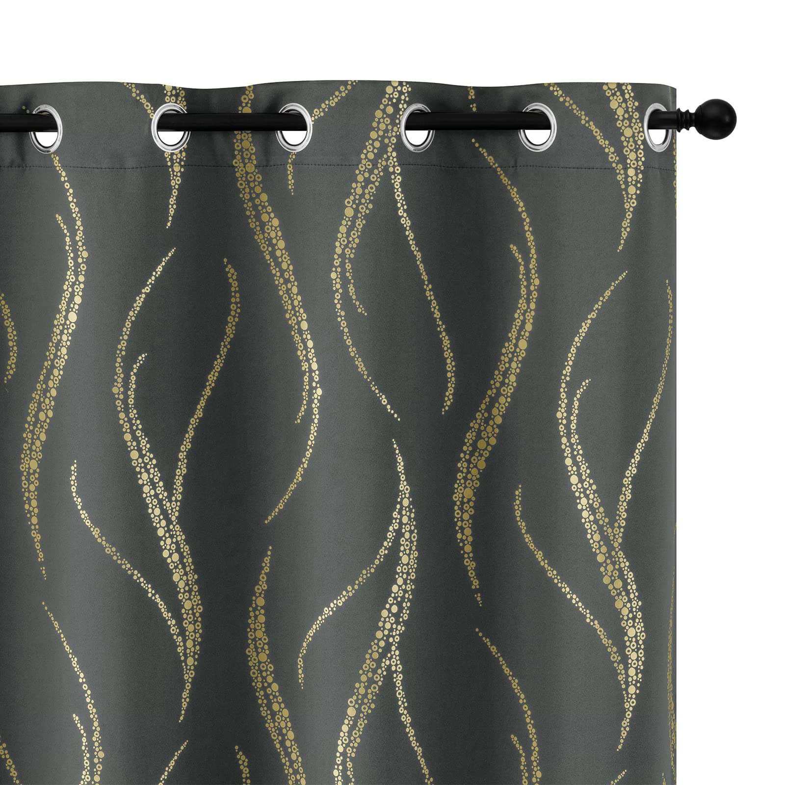 Yakamok Blackout Curtains for Livingroom 84 Inches Long, Room Darkening Curtains, Gold Wave Line Dots Print Grommet Curtains and Drapes for Living