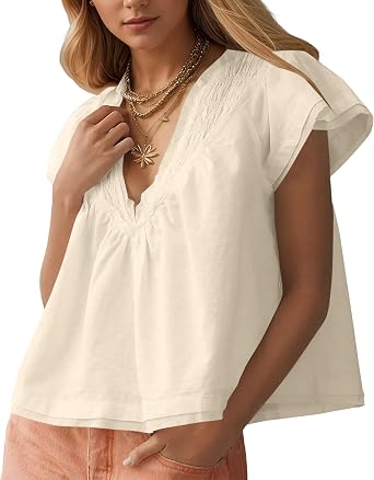 MISSACTIVER Womens Smocked Short Sleeve Blouse V Neck Pleated Babydoll Tunic Shirts