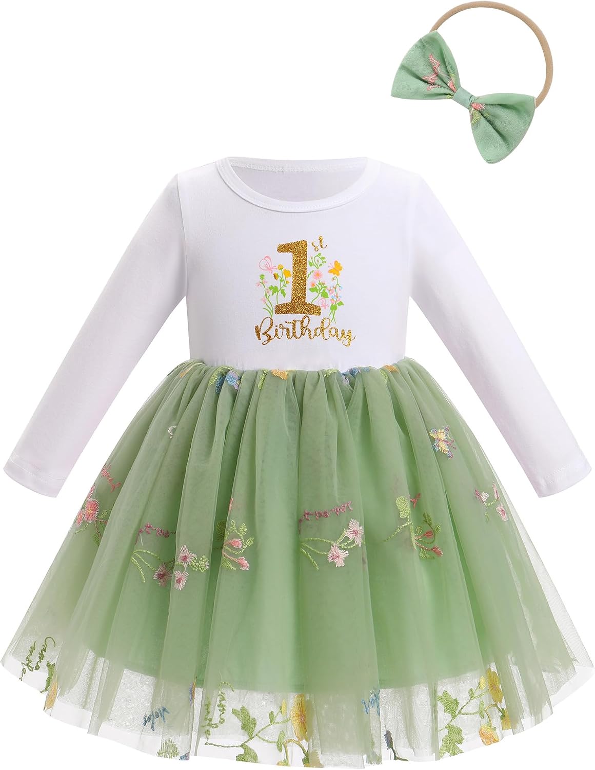 IBTOM CASTLE First Birthday Outfit Baby Girl Long Sleeve Embroidered Tutu Princess Dress and Headband Cake Smash Outfit