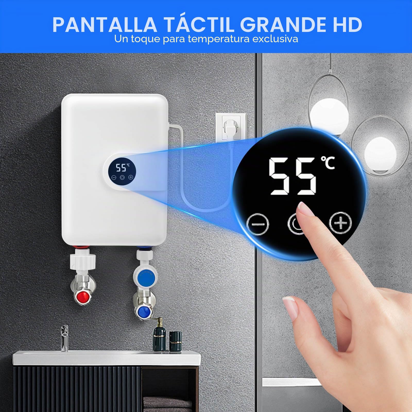 Calentador de agua instantáneo mini, 5500 W, 220 V, eléctrico, para debajo del fregadero, con pantalla LCD de temperatura, controlado electrónicamente. Ideal para ducha, baño y cocina