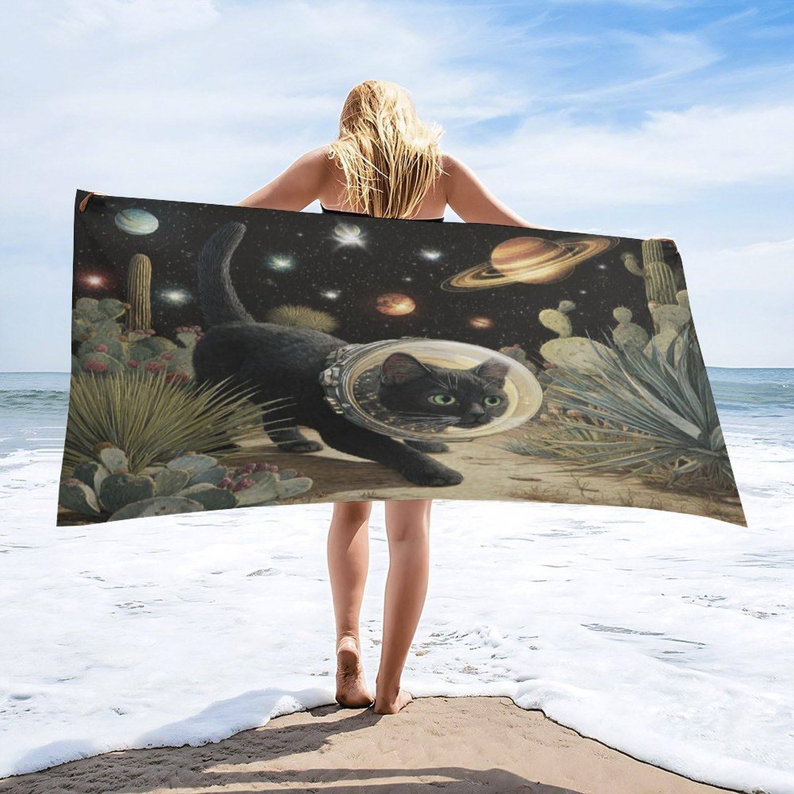 Luyysky Fantasy Cute Black Cat Quick-Drying Beach Towel, Funny Alien Theme Outer Space Galaxy Planet Animal Cat Plant Cactus Travel Vacation Single Sided Pile Bathroom Towels-80 W Cm X 160" L Cm