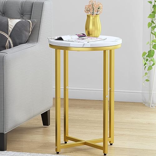 Miniatura 2 de DKLGG Juego de 2 mesas auxiliares redondas de mármol sintético, mesa auxiliar de 16 pulgadas, mesa de noche con marco de metal, mesa auxiliar para