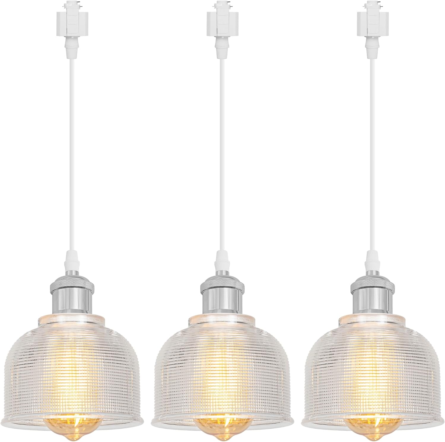 Halo Track Lighting Pendants, 3.2 Ft, Dimmable H-Type Track Mount Nordic Industrial Silver E26 Socket Striped Clear Dome Shape Glass Shade for Kitchen Island