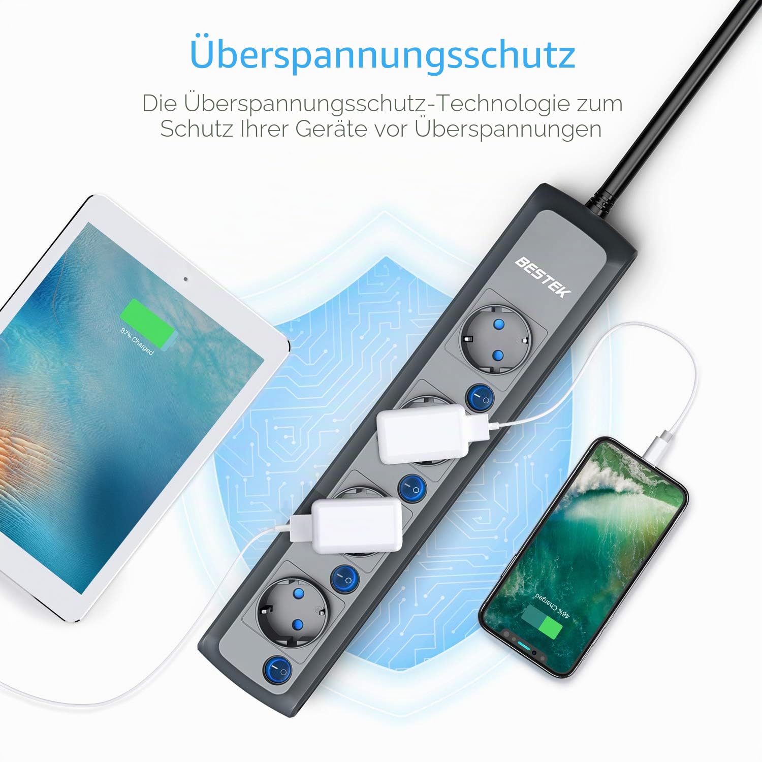 BESTEK 4 Fach Verteiler Steckdosenleiste einzeln schaltbar mit Überlastschutz, Überstromschutz und Kinderschutz, Steckerleiste Wandmontage, 3600W/16A, schwarz