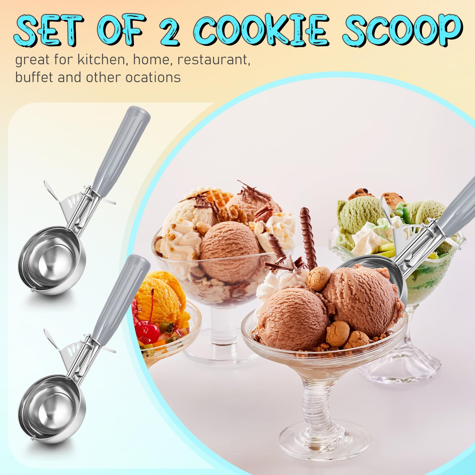 Reallnaive 2 cucharas de helado de 4 onzas con liberación de gatillo, cucharas de hielo de acero inoxidable #8 para control de porciones, masa de galletas, masa de galletas, masa de cupcakes, helado