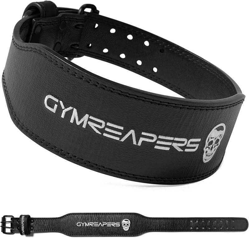 Gymreapers Cinturón de levantamiento de pesas de cuero para culturismo, sentadillas, soporte lumbar y dolor de espalda, cuero real, tamaño de hebilla ajustable, hombres y mujeres