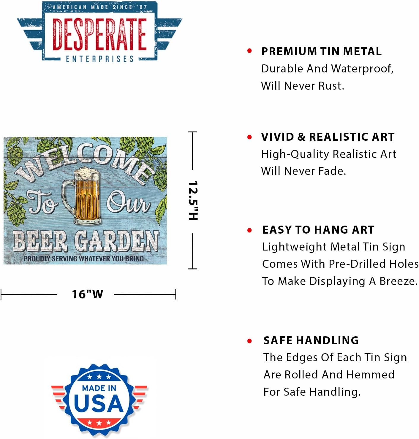 Desperate Enterprises Welcome To Our Beer Garden Tin Sign - Nostalgic Vintage Metal Wall Decor - Made in USA image 2