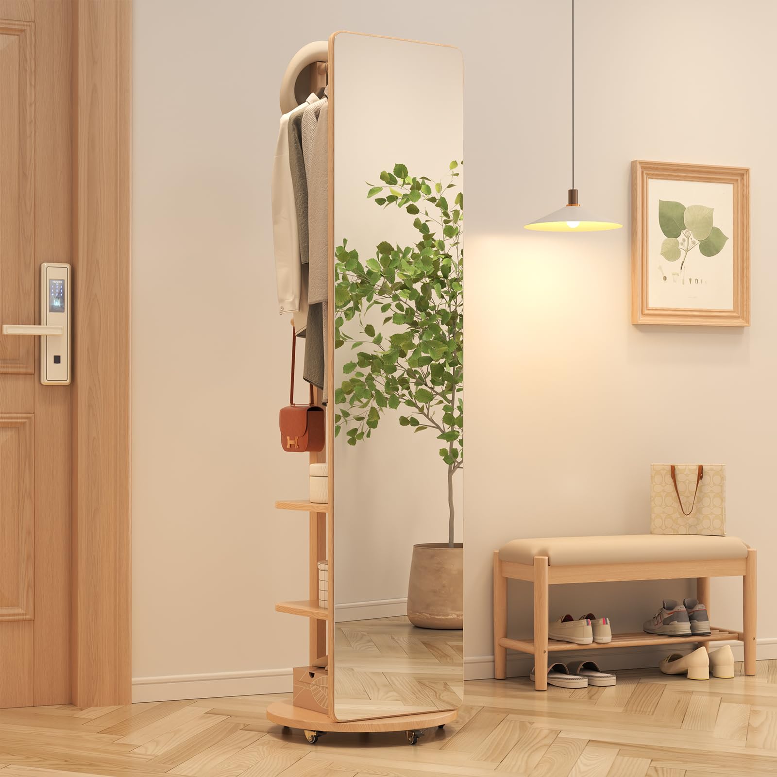 Muwuele Solid Wood Full Length Mirror Coat Rack — 70" x 20" Oversize Standing Mirror