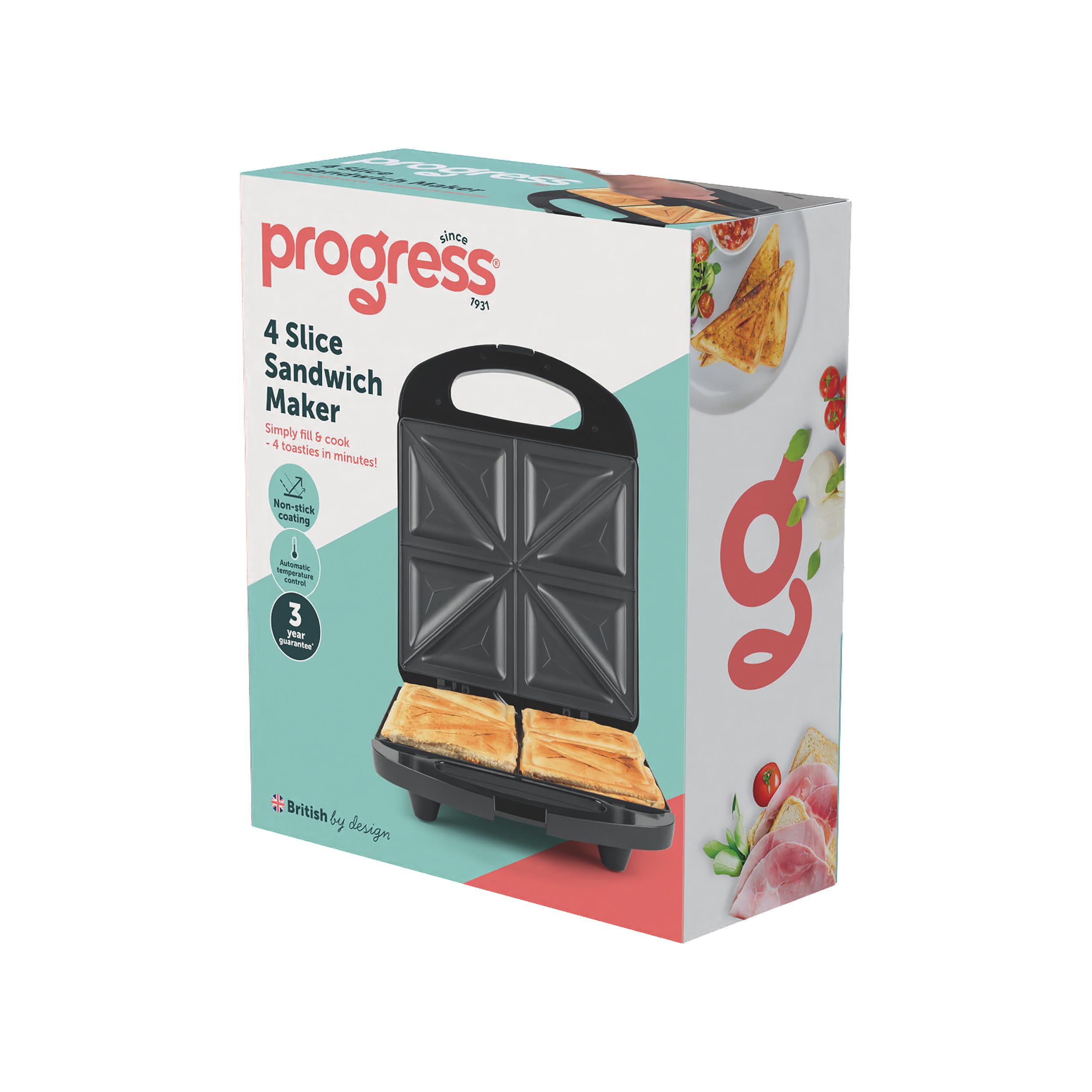 Progress Appareil à Croques – Machine à Sandwichs Antiadhésive, Prépare 4 Croques-Monsieur, Plaques 4 Tranches, Température Automatique, Poignée Cool Touch, Facile à Nettoyer, 1200 W